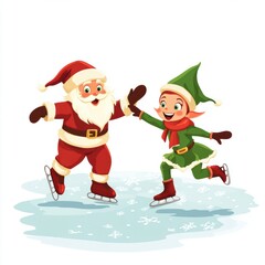 Fototapeta premium Santa ice skating with cute elf in Christmas.