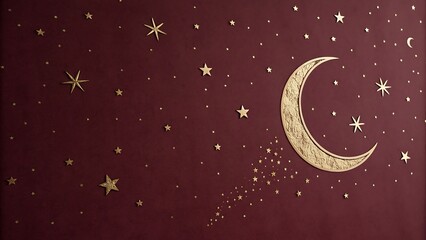 Fototapeta premium Minimalist Maroon Ramadan Background with Gold Crescent Moon and Scattered Stars for Modern Designs 
