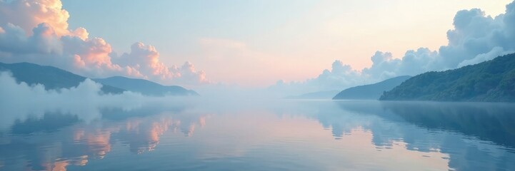 Ethereal Clouds Float Across Serene Lake Surface, clouds, lake, hazy