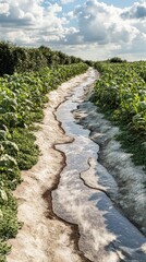 Irrigation Pathway in a Lush Agricultural Field Under a Cloudy Sky