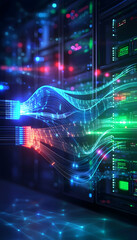 Data transfer, server room, digital flow, network, technology, futuristic background, website header