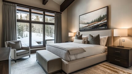 Serene Mountain View Master Bedroom: Tranquil Neutral Decor and Stunning Landscape Art