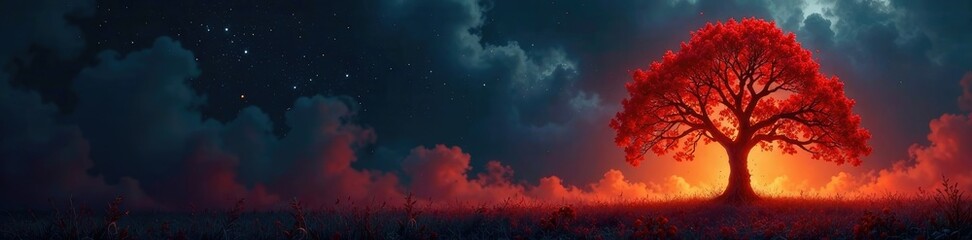 Flames engulfing a crimson-colored tree against a dark, metallic background, fiery, night sky, abstract