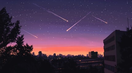 Cityscape at twilight with shooting stars. Silhouettes of trees and buildings against a vibrant sunset sky filled with meteors.