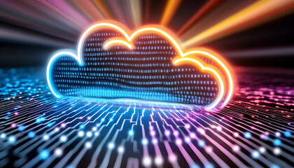Digital cloud computing data network, glowing neon cloud symbol over circuit board, fast data transfer, website header