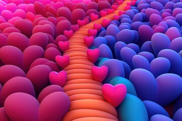 Obraz premium A vibrant path of hearts in a colorful abstract landscape.