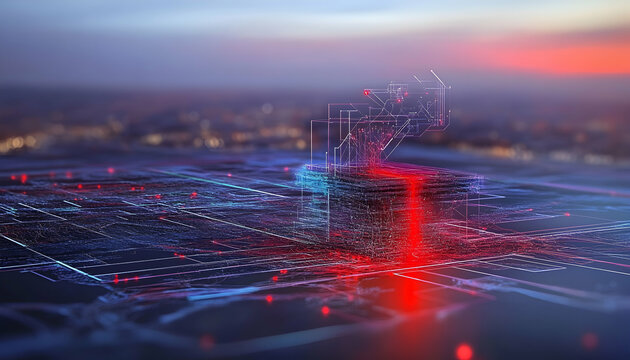 Digital data flow over cityscape at sunset;  network infrastructure, technological advancement, global connectivity; website banner or tech article illustration