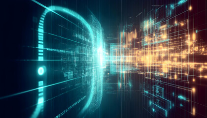 Obraz premium Digital data stream flowing through a futuristic cityscape. Use Technology background