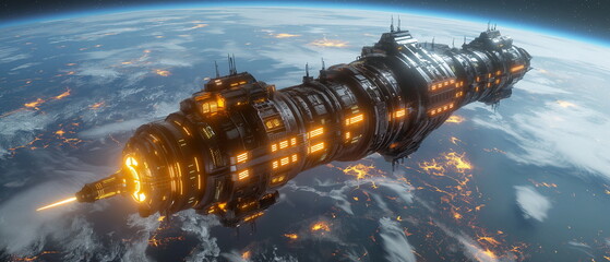 Huge spaceship with shiny dark. metal body hoverin_009