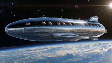 Obraz premium Huge spaceship with shiny dark. metal body hoverin_010