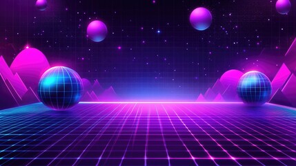 Retro futuristic landscape with glowing spheres and grid.