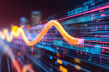 Obraz premium Digital data wave flowing over city skyline at night; abstract technology background for website or presentation