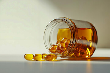 A glass jar filled with fish oil capsules spilling out of it