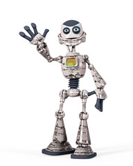 rusty cartoon robot is waving hello or hi in white background