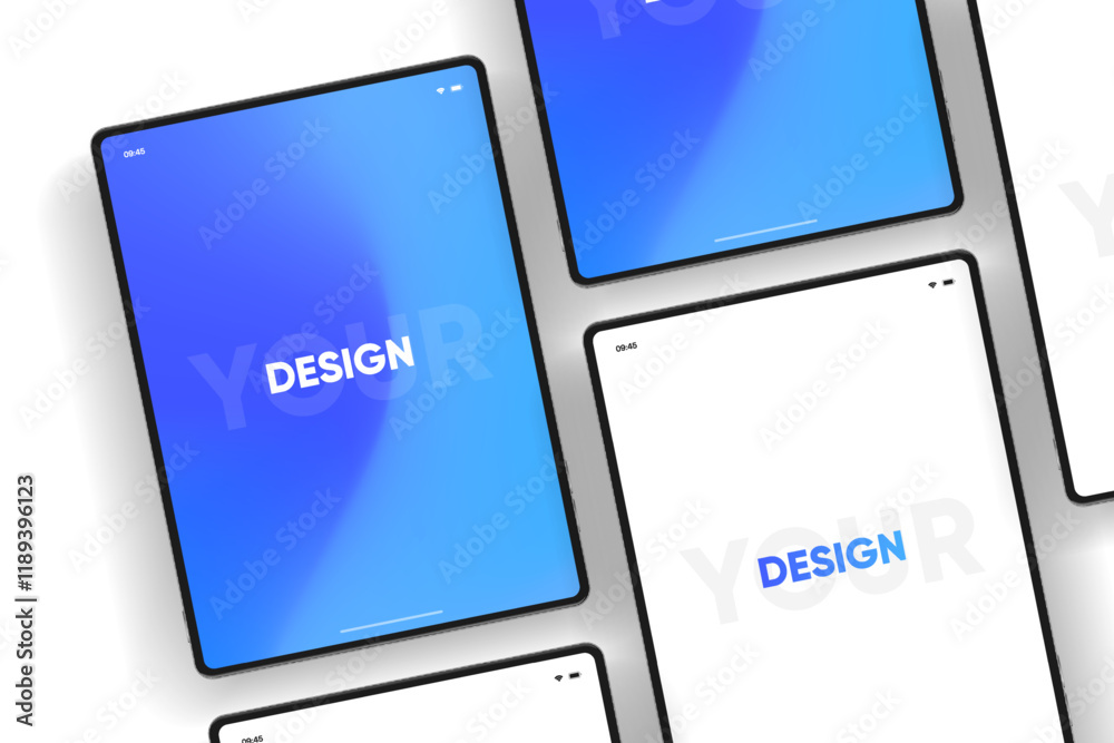 Poster 3D Tablet frame less blank screen. Empty screen device tablet mockup element. Can be used for mobile app, UI UX, business presentations. High quality EPS10 ultra realistic tablet with editable screen