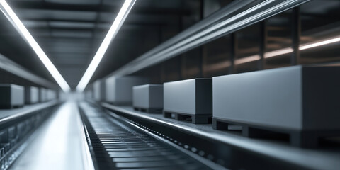 Fototapeta premium A detailed look at grey storage boxes organized neatly on sleek shelving. The image captures the minimalist design and efficient storage method in a contemporary environment.