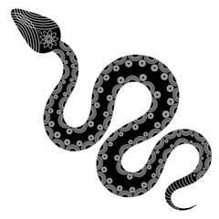 Obraz premium black and white silhouette of snake with decorative ornament of circles, semicircles, lines on white isolated background