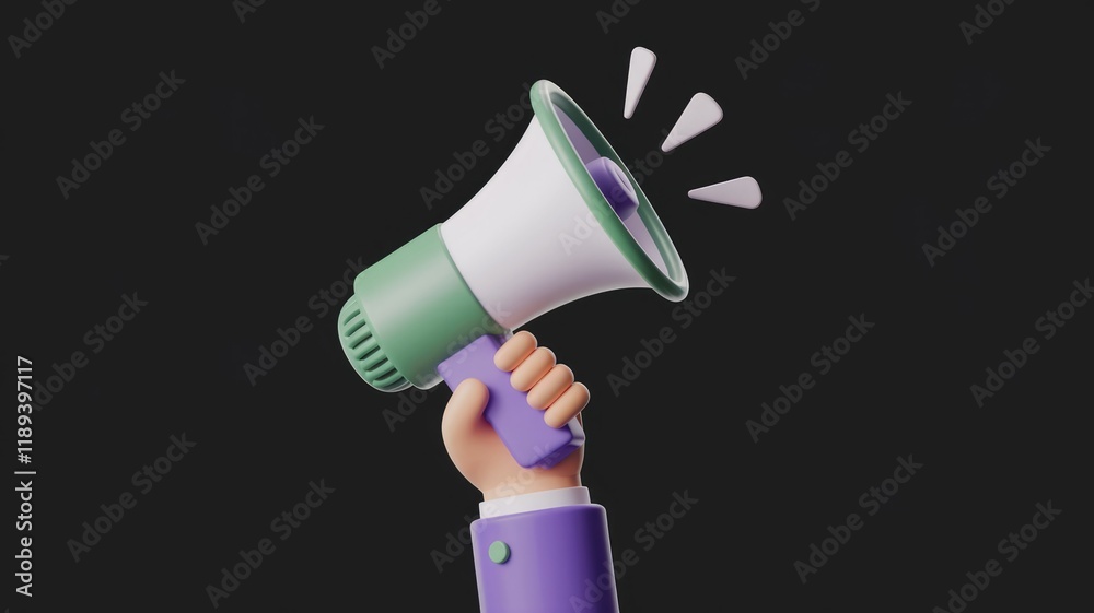 Poster a 3d render of a hand holding a megaphone, announcing or promoting something.