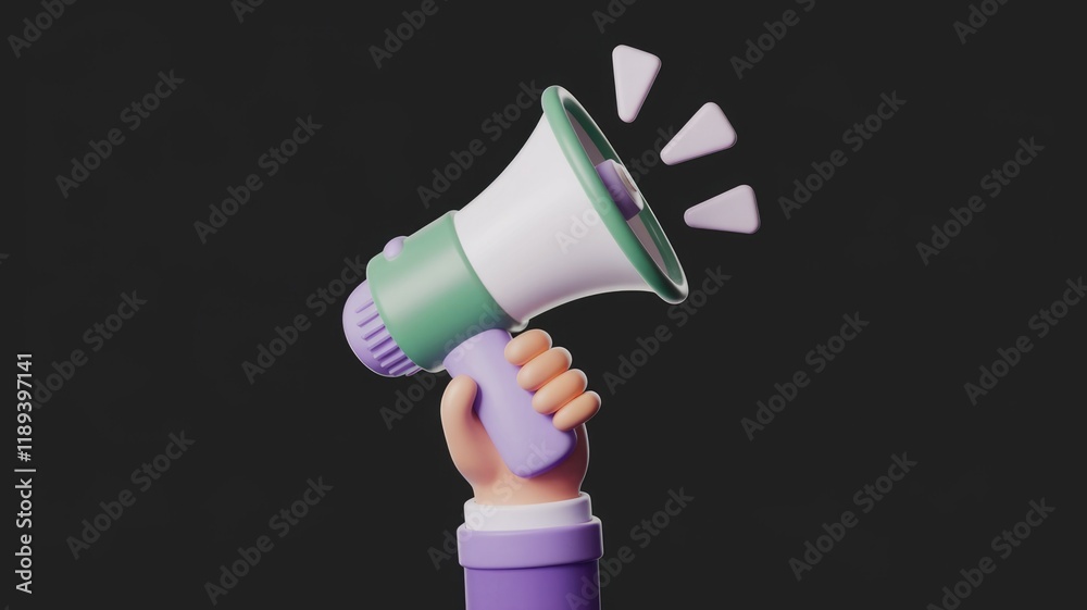 Poster a 3d cartoon hand holds a megaphone, broadcasting a message with sound effects.