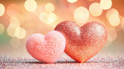 Obraz premium Glittering rose gold and soft pink hearts with bokeh background create romantic vibe