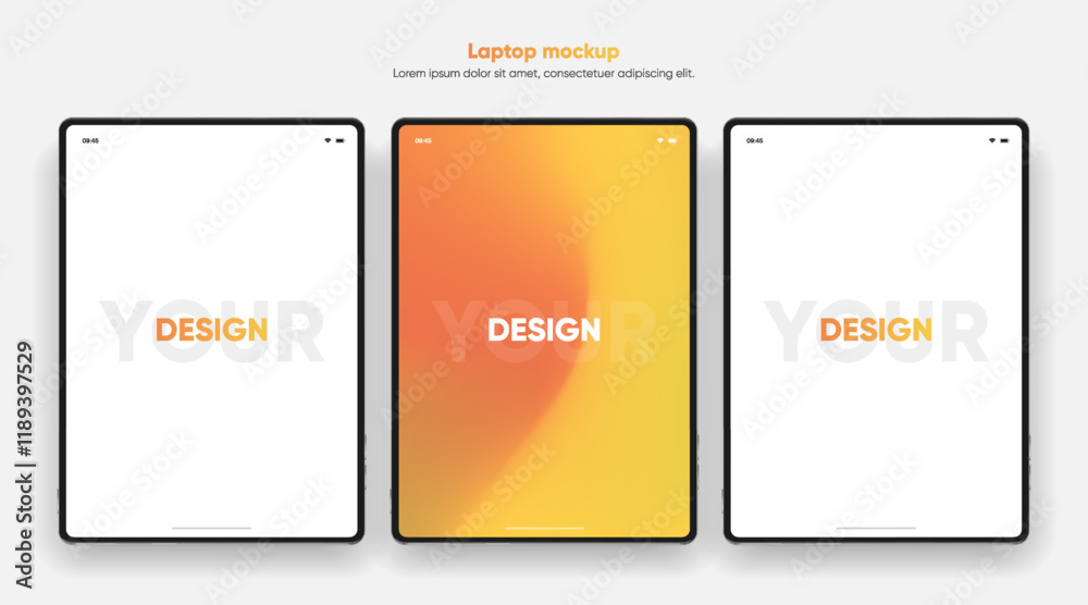 Poster 3D Tablet frame less blank screen. Empty screen device tablet mockup element. Can be used for mobile app, UI UX, business presentations. High quality EPS10 ultra realistic tablet with editable screen