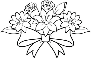 Elegant Line Art Vector of Bouquet Featuring Roses, Lilies, and Daisies with Intertwined Ribbons