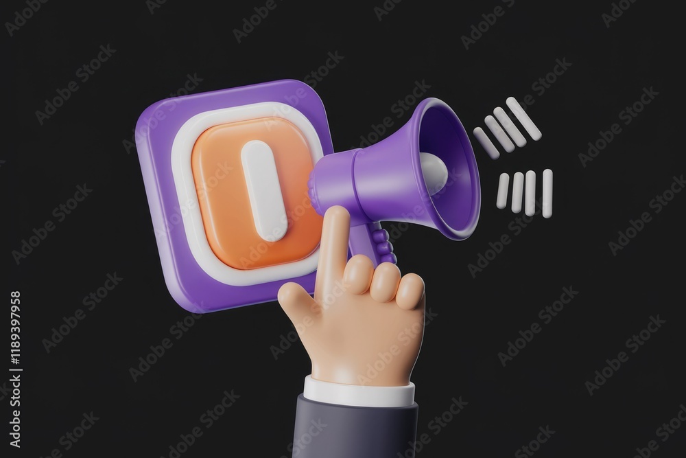 Poster 3d hand uses megaphone to announce a notification or update.