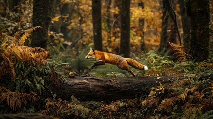 Agile Red Fox Leaping Over Fallen Log