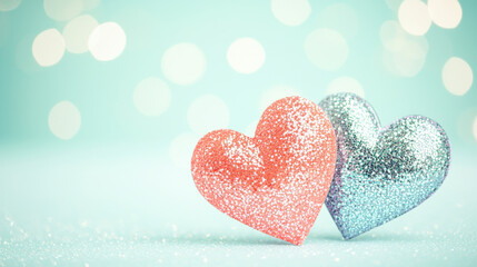 Fototapeta premium Glittery coral and lavender hearts on soft pastel background with bokeh lights