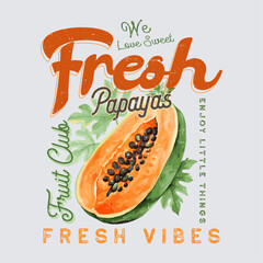 Nature fruit club print design. Organic papaya food artwork for for t-shirt. Fruit vintage t-shirt design. Fresh papaya artwork. Organic fruit market. papaya fruit print. food fashion trendy Tee