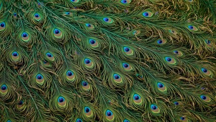 Obraz premium Vibrant peacock feather displaying emerald green turquoise and gold hues with shimmering iridescence