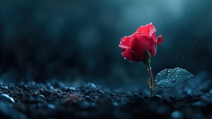 A single red rose with morning dew glistening on its petals, placed in the dark