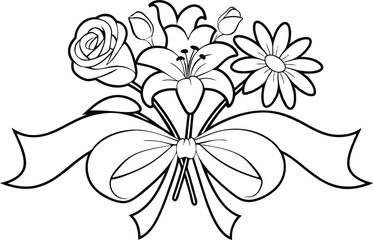 Elegant Line Art Vector of Bouquet Featuring Roses, Lilies, and Daisies with Intertwined Ribbons lily flower isolated on white