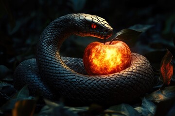 A symbolic representation of Satan as a snake coiled around a glowing apple