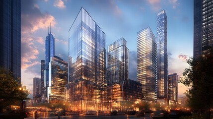 Modern Cityscape Featuring Illuminated Skyscrapers at Dusk