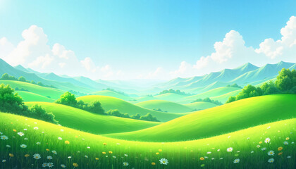 Obraz premium Lush green fields under clear sky, spring tranquility