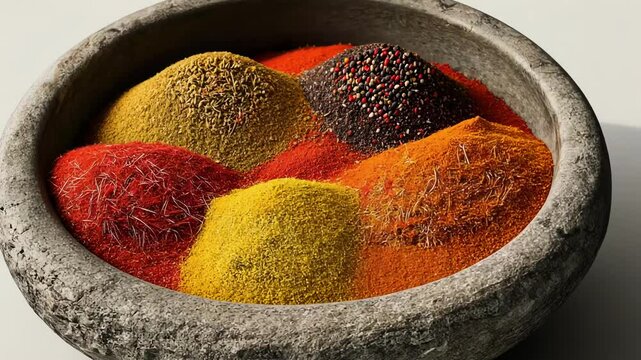 A textured molcajete filled with vibrant spices and herbs, showcasing culinary variety.