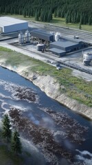 Industrial Facility by a River with Surrounding Forested Landscape