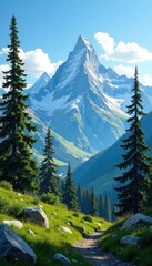 Majestic mountains under clear blue skies with towering pine trees, scenery, green