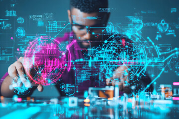 Focused man analyzing data, holographic globe, technological background; for tech, innovation, data analysis