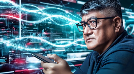 Focused man reviewing data on smartphone, digital waves background, cybersecurity analysis, technology concept