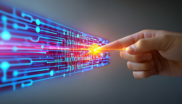 Fingertip interacting with digital data stream; futuristic technology background; concept for innovation and digital transformation; ideal for tech websites and presentations