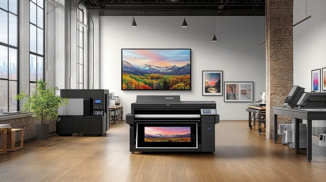 Large format printer in modern office displaying landscape print.