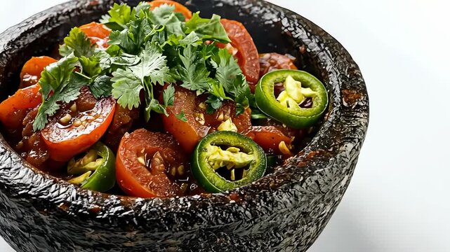 A vibrant dish of sliced tomatoes, green chilies, and cilantro in a traditional molcajete.