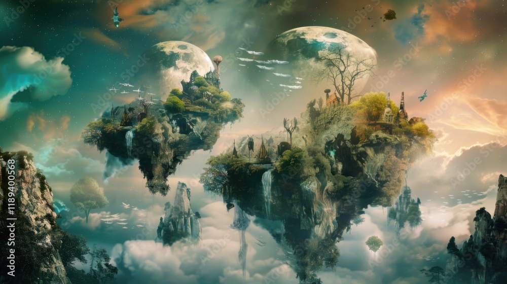 Wall mural a surreal dreamscape of floating islands and cascading waterfalls, white space in the center of the page for text, pastel hues against a soft