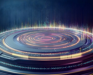 Fototapeta premium Futuristic circular platform with vibrant data streams, digital technology concept background, ideal for tech presentations