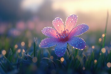 close-up 3d view of single blooming flower in meadow with dew drops sparkling under soft morning light