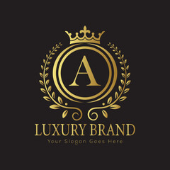 Letter Luxury brand logo design with a royal gold crown emblem and elegant typography
