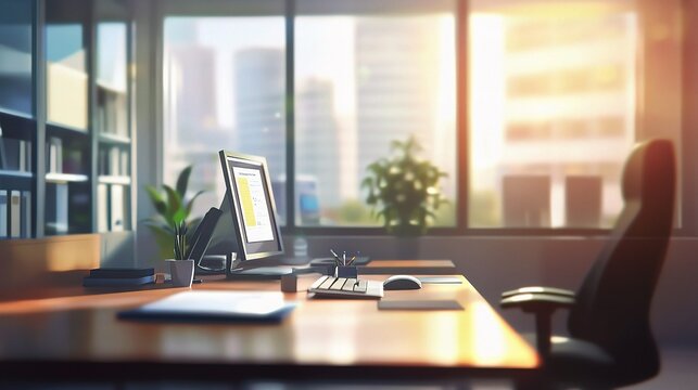 Sunrise Office: A clean and minimalist office desk with a computer, keyboard, mouse, and a notebook  bathed in the warm glow of the morning sun, promising a productive and inspiring day.