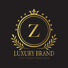 Letter Luxury brand logo design with a royal gold crown emblem and elegant typography
